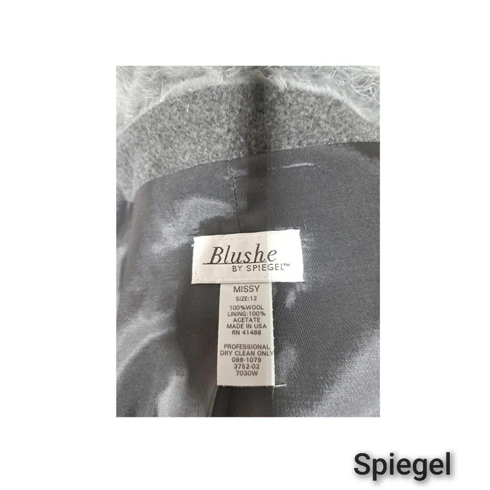 Blushe by Spiegel Grey Long Wool Coat Faux Fur Collar Cuffs Size 12 USA